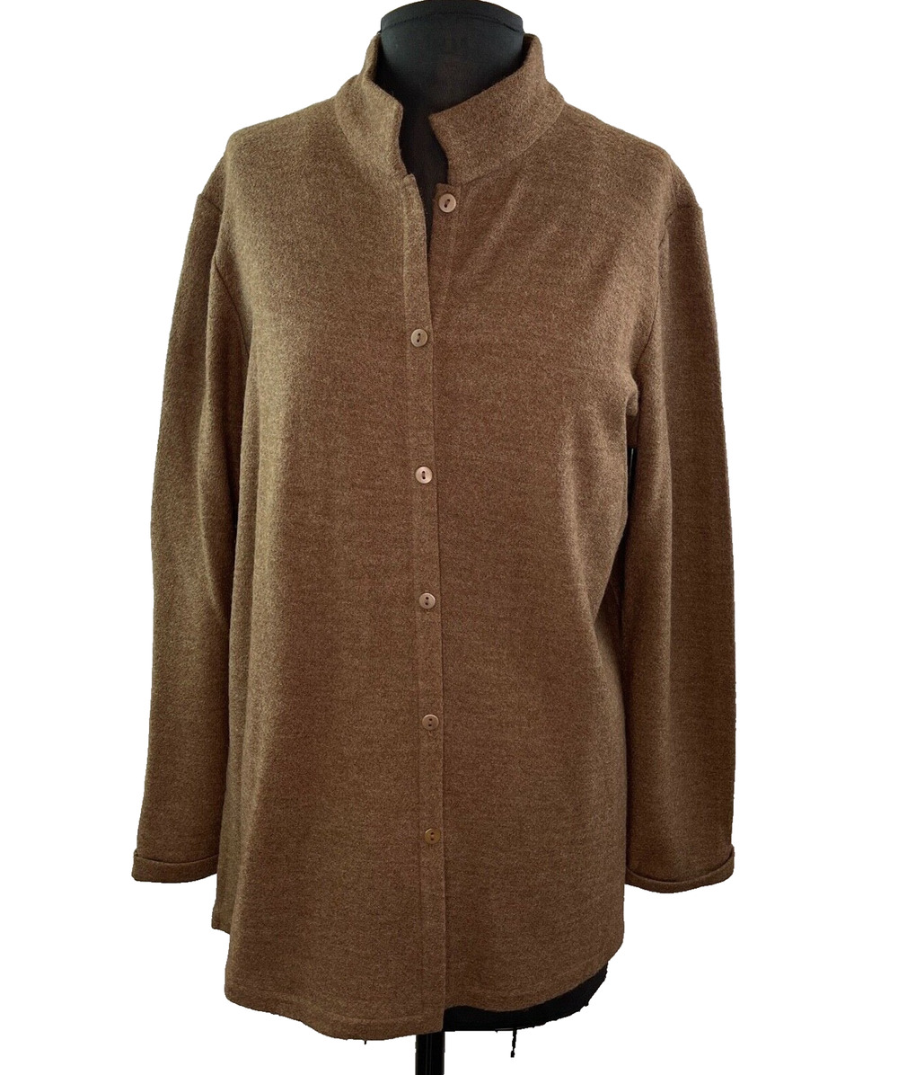 Eileen Fisher Women's Brown Wool Mandarin Collar Shirt Sweater Coat M Medium